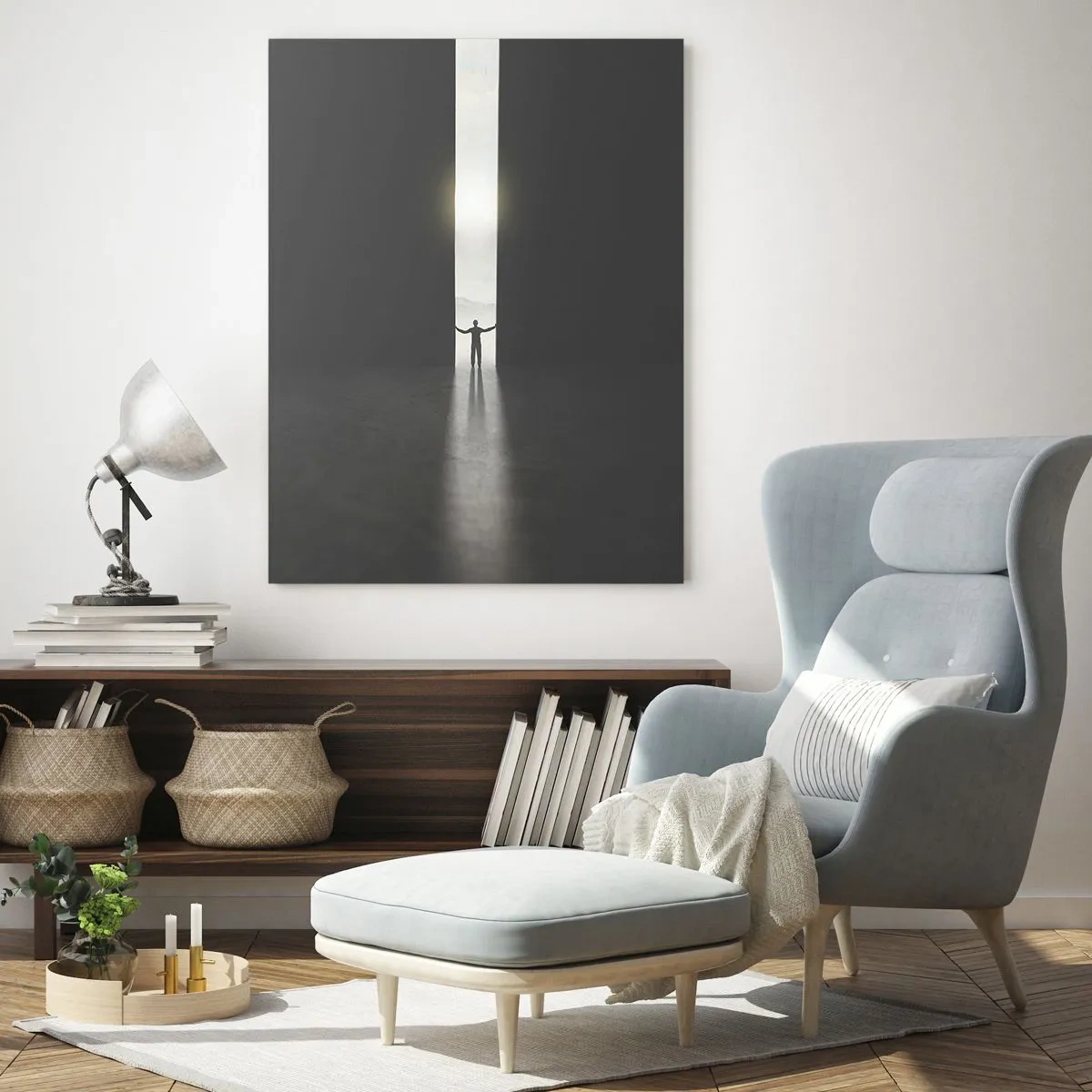 Obraz na szkle - Sylwetka człowieka otwierającego drzwi na jasne światło - 50x70cm - Krok do jasnej przyszłości - Nowoczesna dekoracja ścienna do salonu, kuchni i sypialni ARTTOR
