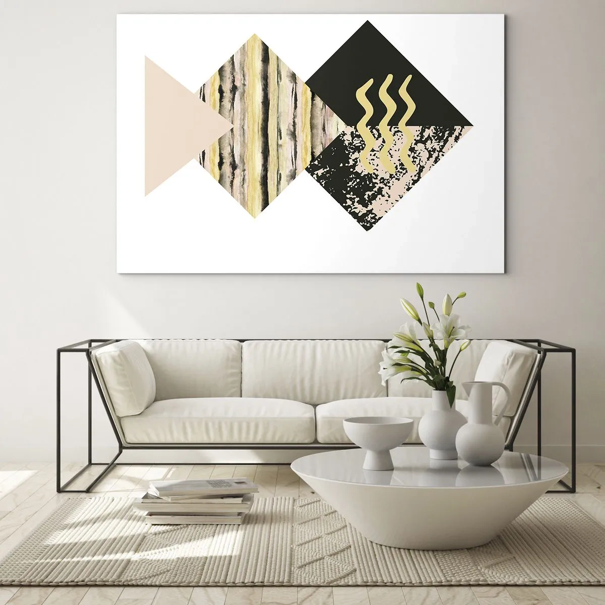 Obraz na szkle - Abstrakcyjna kompozycja geometryczna z trójkątami i teksturami - 70x50cm - Nie takie proste - Nowoczesna dekoracja ścienna do salonu i sypialni ARTTOR