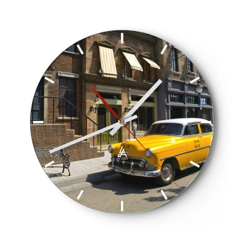 Zegar ścienny - Żółta taksówka przed stylowym budynkiem - 30x30cm - Dawno temu w Ameryce - Nowoczesna dekoracja ścienna do salonu, kuchni i sypialni ARTTOR