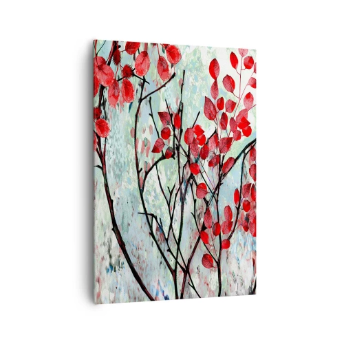 Obraz na płótnie - Czerwone liście na tle jasnego nieba z abstrakcyjnymi wzorami - 70x100cm - Drzewo w szkarłacie - Nowoczesna dekoracja ścienna do salonu i sypialni ARTTOR