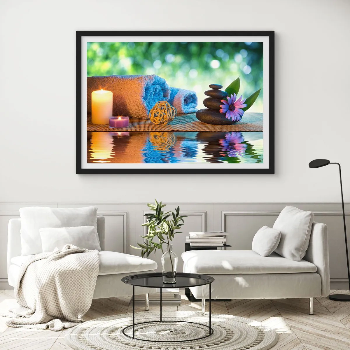 Plakat w czarnej ramie - Relaksacyjny zestaw SPA z ręcznikami, świecami i kamieniami - 70x50cm - Czas dla ciała - Nowoczesna dekoracja ścienna do salonu i sypialni ARTTOR