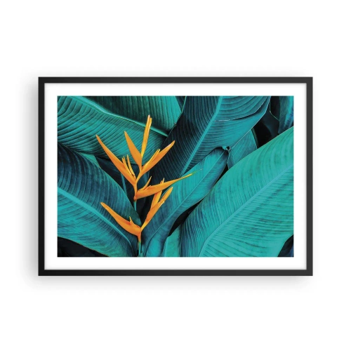 Plakat w czarnej ramie - Egzotyczny kwiat na tle liści bananowca w turkusowych odcieniach - 70x50cm - Kwiat Edenu - Nowoczesna dekoracja ścienna do salonu i sypialni ARTTOR