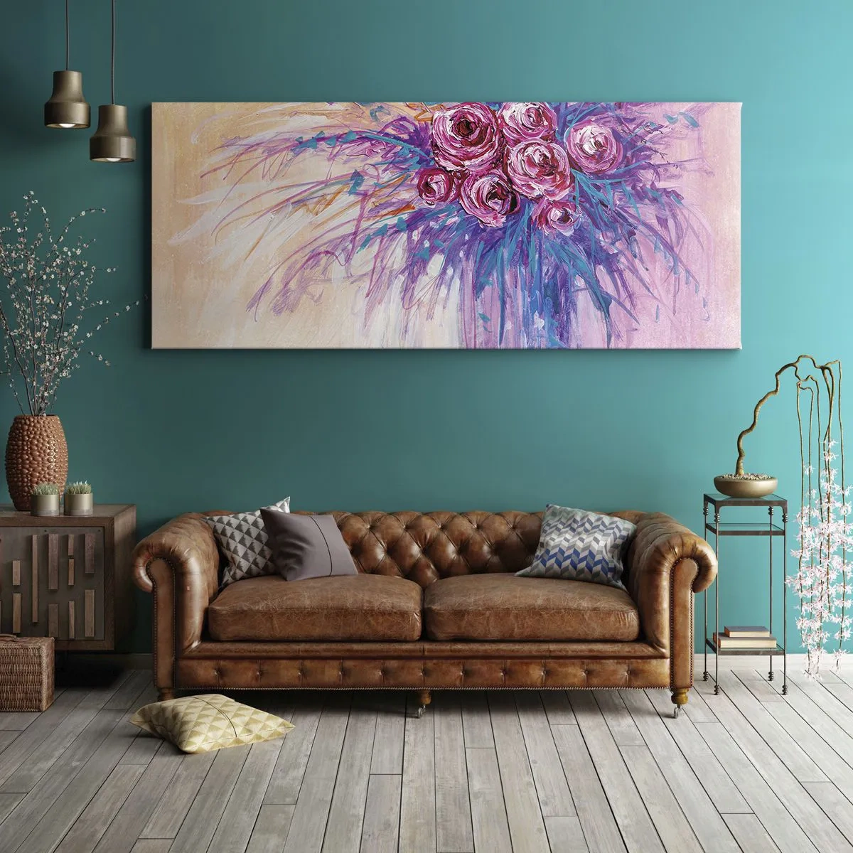 Obraz na płótnie - Bukiet róż w pastelowych barwach - 160x50cm - Różana fontanna - Nowoczesna dekoracja ścienna do salonu i sypialni ARTTOR