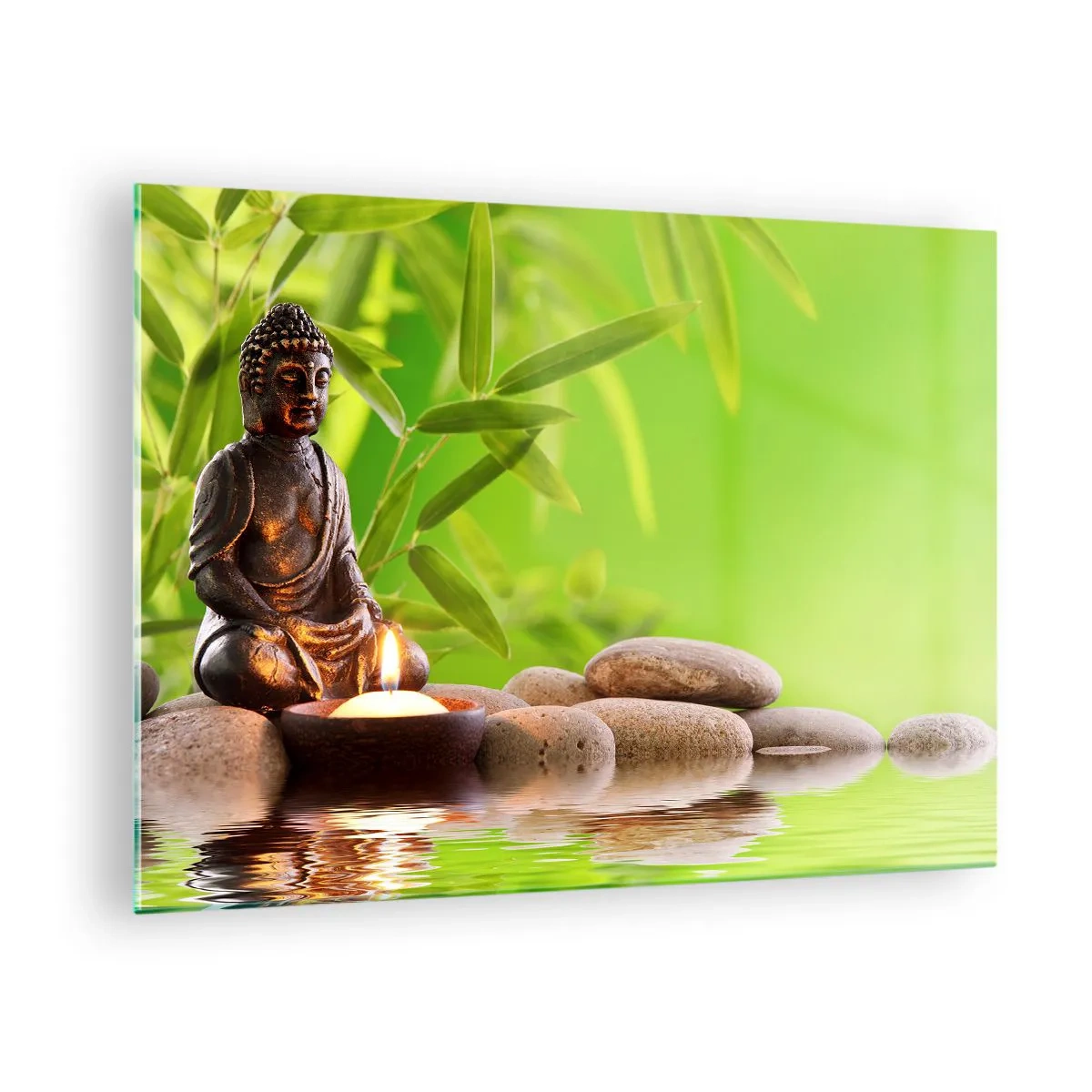Obraz na szkle - Figura Buddy z zapaloną świecą w zielonej scenerii - 70x50cm - Życie jest piękne - Nowoczesna dekoracja ścienna do salonu i sypialni ARTTOR