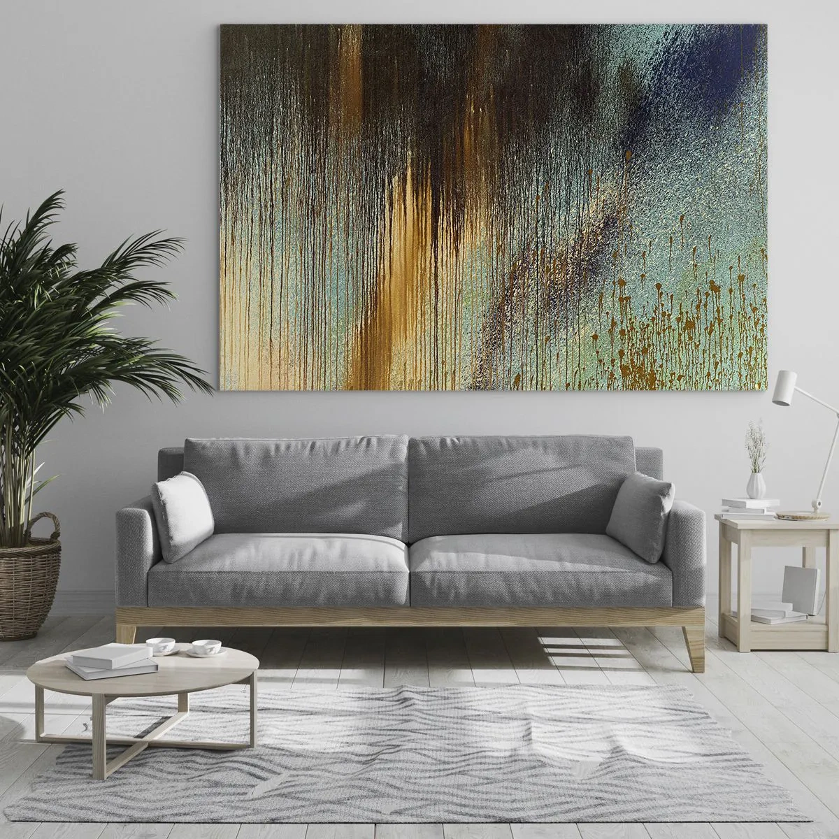Obraz na szkle - Abstrakcyjne linie i plamy w złocie, błękicie i czerni - 70x50cm - Nieprzypadkowa barwna kompozycja - Nowoczesna dekoracja ścienna do salonu i sypialni ARTTOR