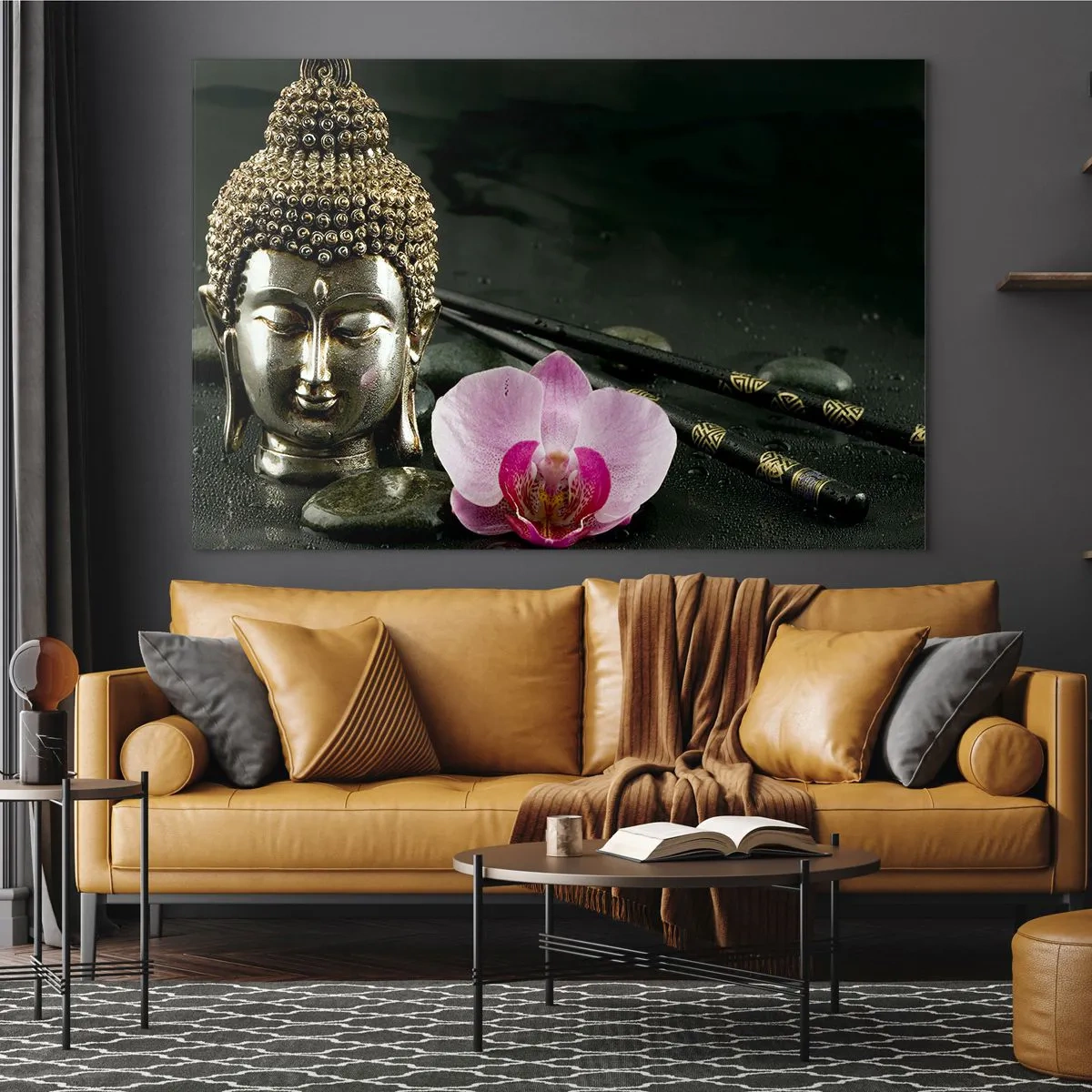 Obraz na szkle - Buddyjska głowa z różowym kwiatem na tle kamieni - 120x80cm - Harmonia mądrości i piękna - Nowoczesna dekoracja ścienna do salonu, kuchni i sypialni ARTTOR