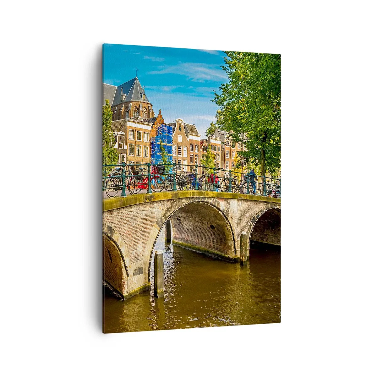 Obraz na płótnie - Malowniczy kanał z mostem w Amsterdamie - 70x100cm - Wiosna nad kanałem - Nowoczesna dekoracja ścienna do salonu i sypialni ARTTOR
