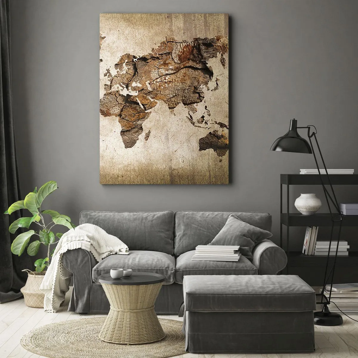 Obraz na płótnie - Mapa świata z teksturą drewna i naturalnymi tonami - 50x70cm - Odkrycie świata - Nowoczesna dekoracja ścienna do salonu, kuchni i sypialni ARTTOR