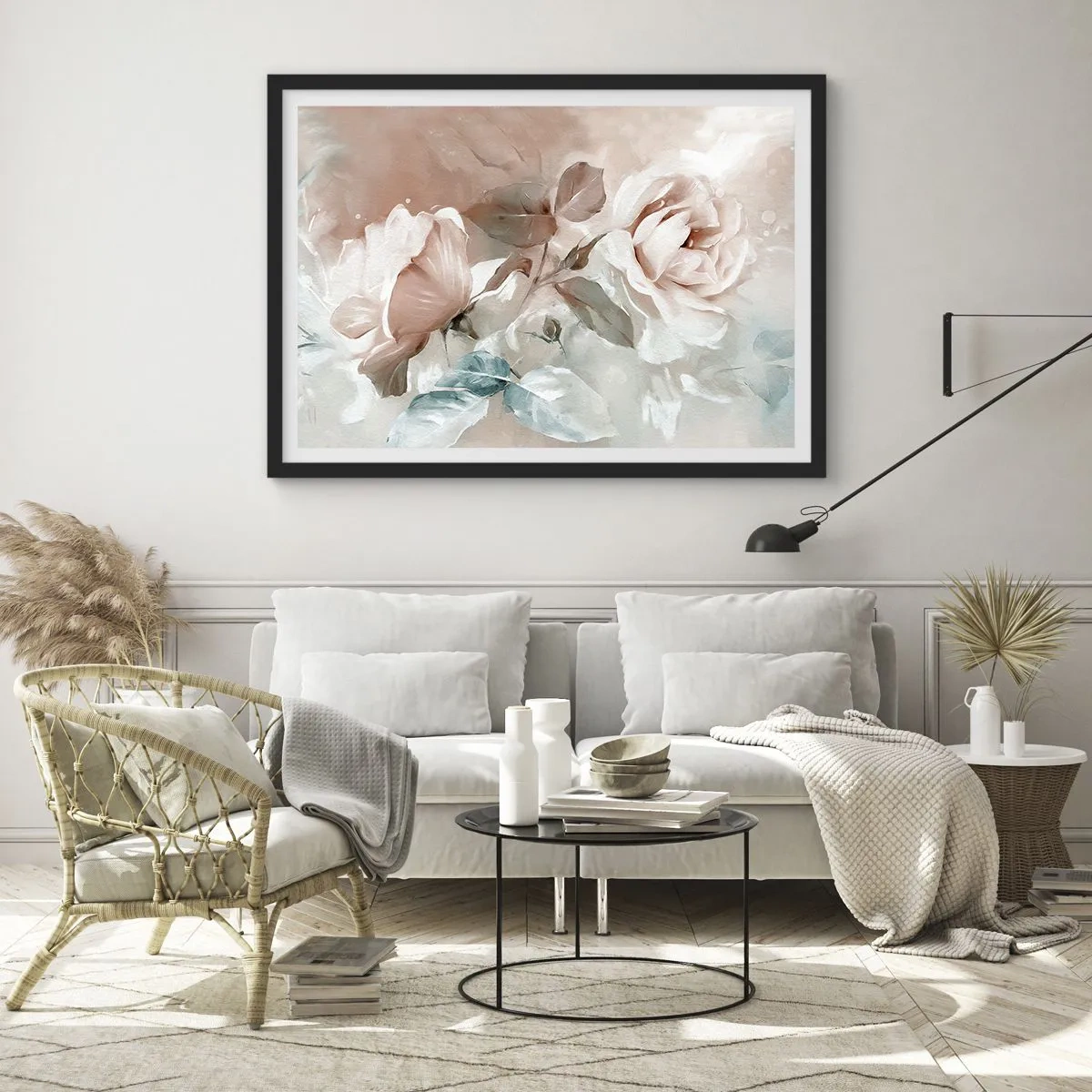 Plakat w czarnej ramie - Delikatne róże w pastelowych odcieniach na jasnym tle - 70x50cm - Duch romantyzmu - Nowoczesna dekoracja ścienna do salonu i sypialni ARTTOR