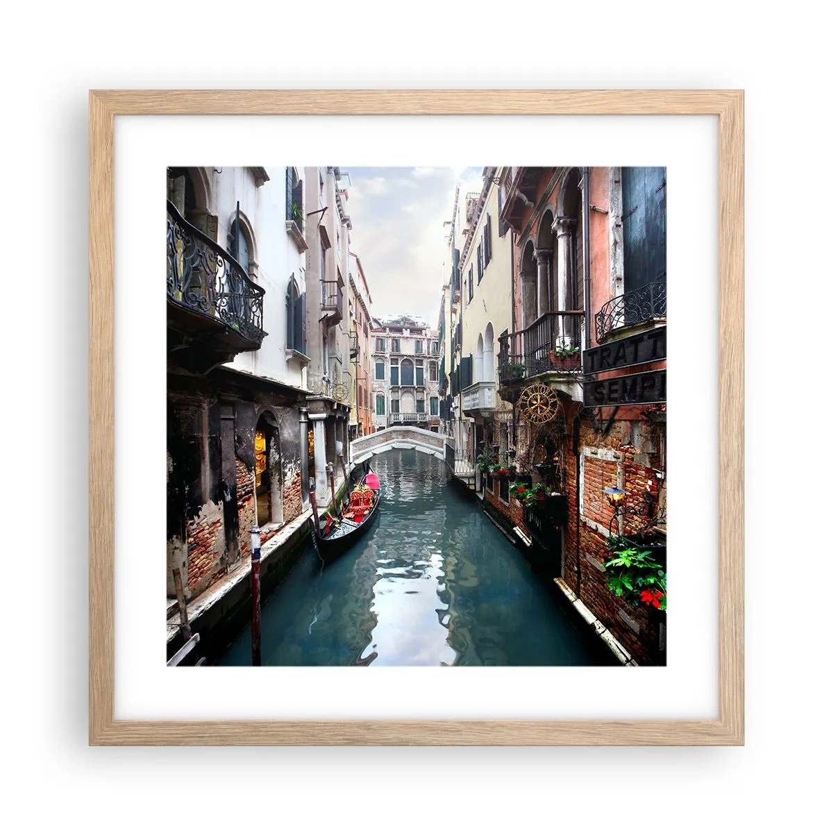 Plakat w ramie jasny dąb - Pejzaż wenecki z gondolą i mostkiem - 40x40 cm