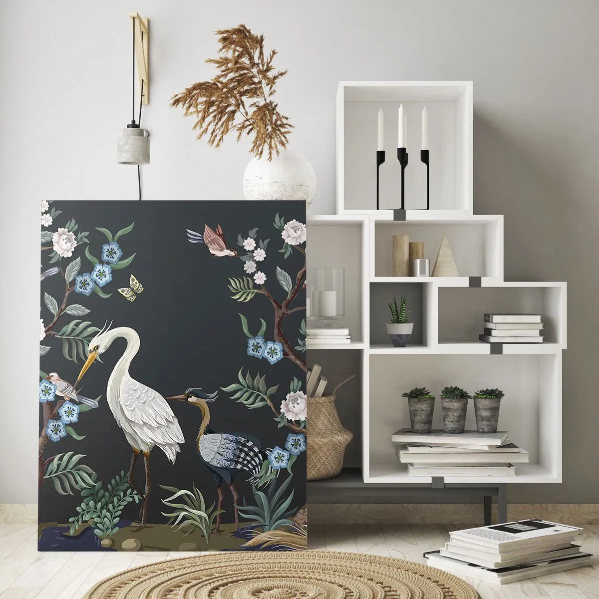 Obraz na szkle - Malowane ptaki i rośliny na ciemnym tle o eleganckim wzorze - 70x100cm - Ptasia parada - Nowoczesna dekoracja ścienna do salonu i sypialni ARTTOR