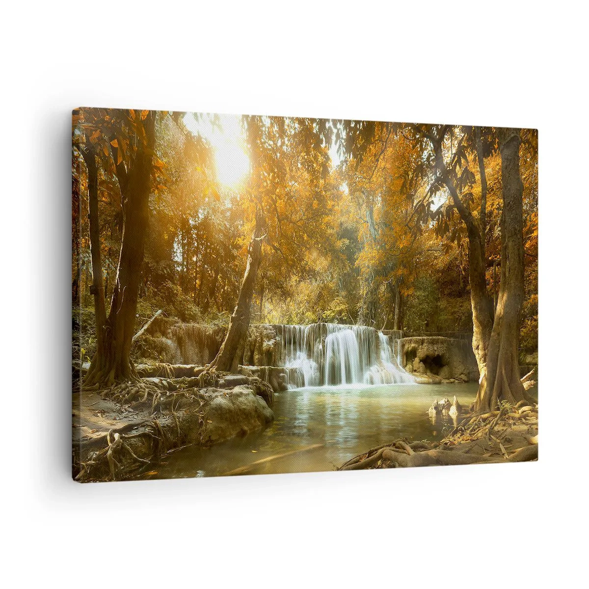Obraz na płótnie - Jesienny krajobraz z wodospadem - 70x50cm - Parkowa kaskada - Nowoczesna dekoracja ścienna do salonu i sypialni ARTTOR