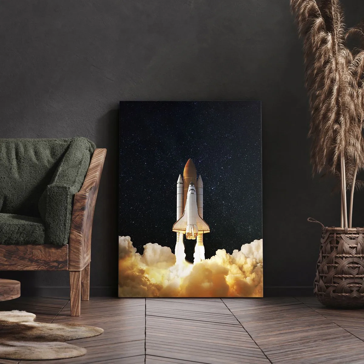 Obraz na płótnie - Startujący prom kosmiczny na tle gwiaździstego nieba i chmur dymu - 50x70cm - Ad astra! - Nowoczesna dekoracja ścienna do salonu, kuchni i sypialni ARTTOR