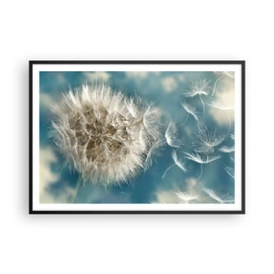 Plakat w czarnej ramie - Zdmuchiwany dmuchawiec na tle niebieskiego nieba - 100x70cm - Oddech anioła - Nowoczesna dekoracja ścienna do salonu i sypialni ARTTOR