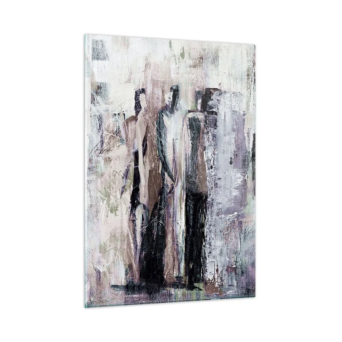 Obraz na szkle - Abstrakcyjne sylwetki postaci na tle w fakturze farby - 50x70cm - Tajemnicza trójka - Nowoczesna dekoracja ścienna do salonu, kuchni i sypialni ARTTOR