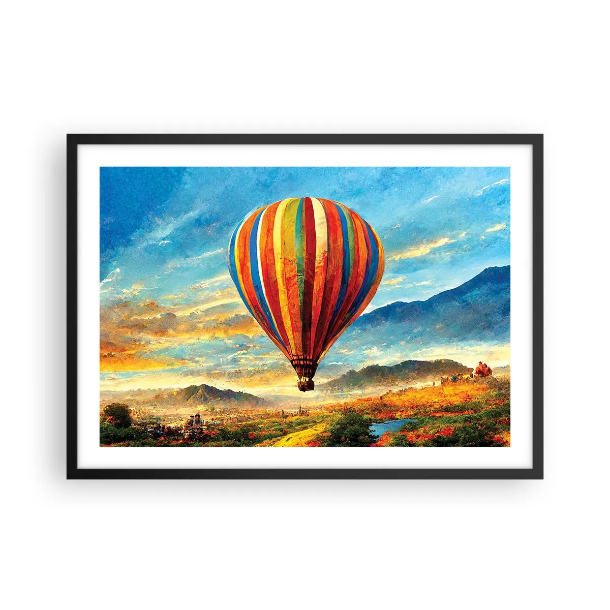 Plakat w czarnej ramie - Kolorowy balon nad malowniczym krajobrazem - 70x50cm - W ciszy widać więcej - Nowoczesna dekoracja ścienna do salonu i sypialni ARTTOR