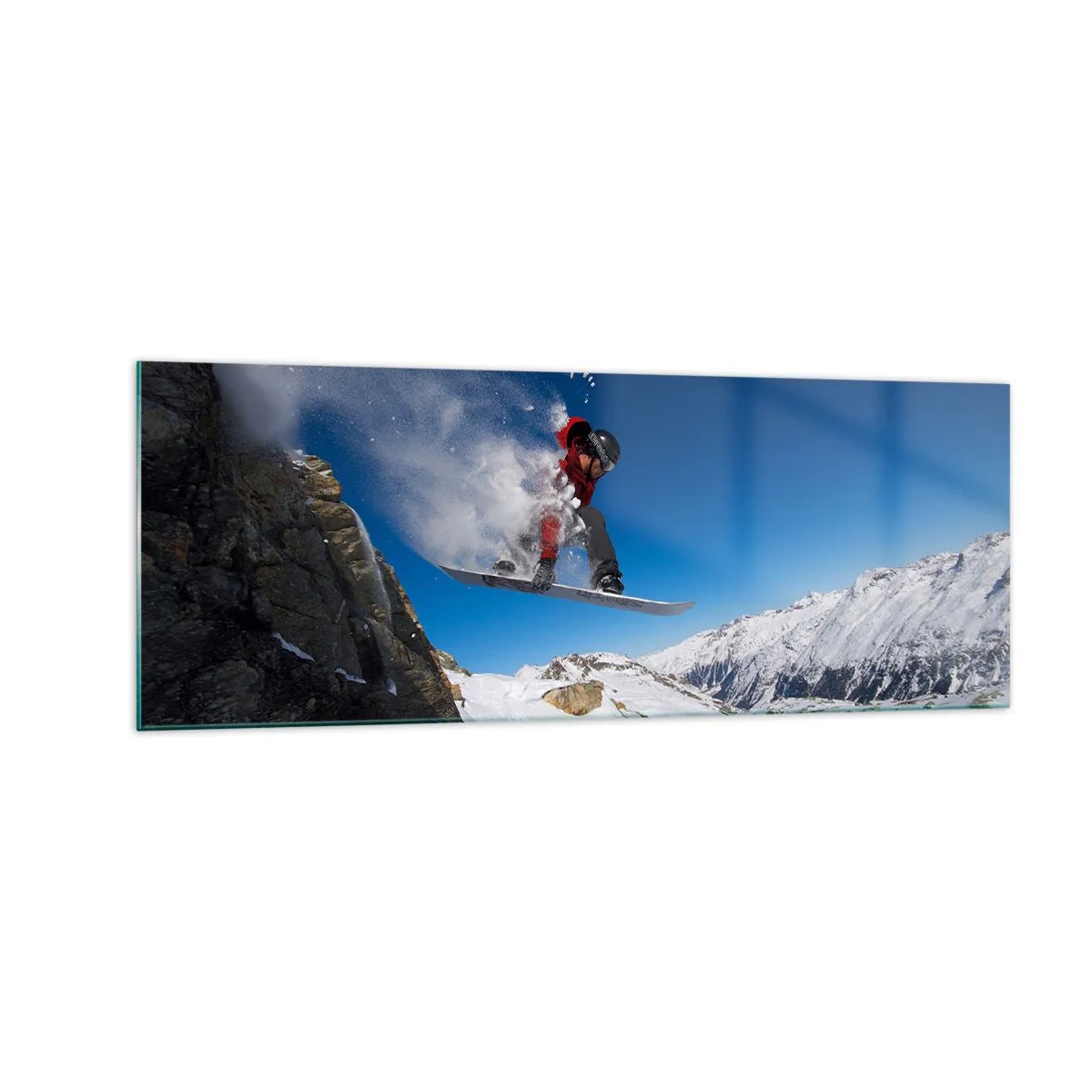 Obraz na szkle - Snowboardzista skaczący ze skały na tle górskiego krajobrazu - 140x50cm - I stałeś się częścią przestrzeni - Nowoczesna dekoracja ścienna do salonu i sypialni ARTTOR
