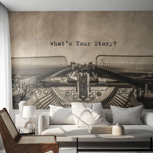 Fototapeta Premium Canvas - Maszyna do pisania z napisem What’s Your Story? - 100x70cm - Opowiedz mi - Nowoczesna dekoracja ścienna do salonu i sypialni ARTTOR