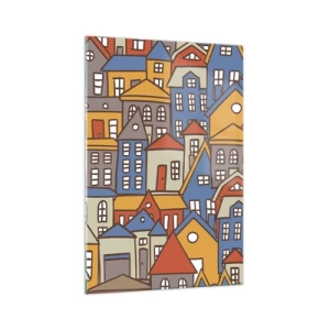 Obraz na szkle - Kolorowe domki w stylu graficznym na jasnym tle - 70x100cm - Za domem dom - Nowoczesna dekoracja ścienna do salonu i sypialni ARTTOR