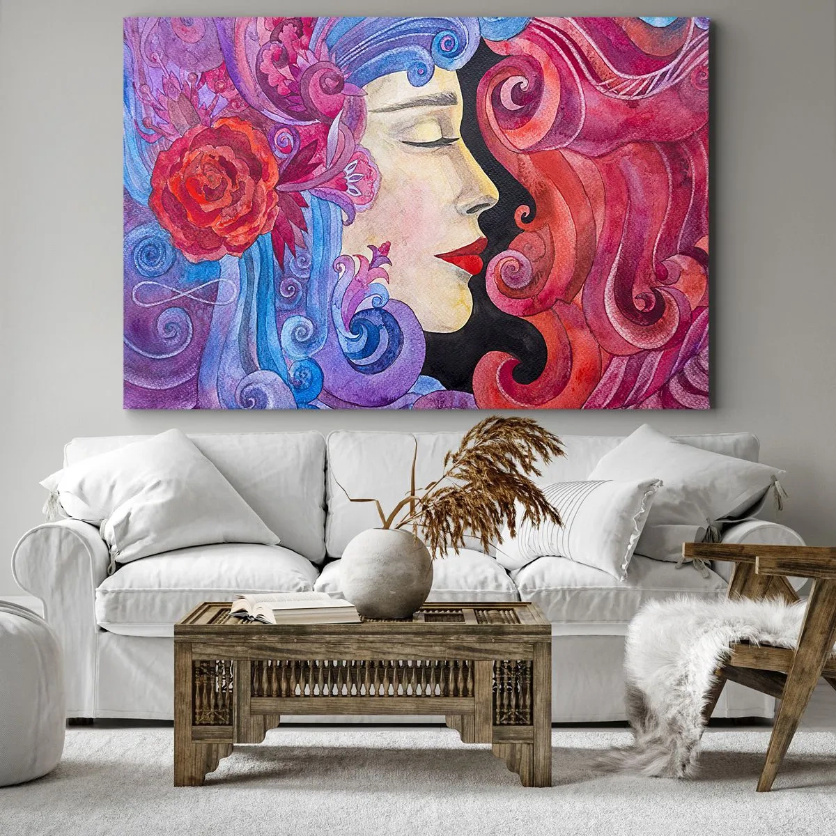 Obraz na płótnie - Kolorowy profil kobiety w artystycznym stylu - 70x50cm - Secesja wciąż żywa - Nowoczesna dekoracja ścienna do salonu i sypialni ARTTOR