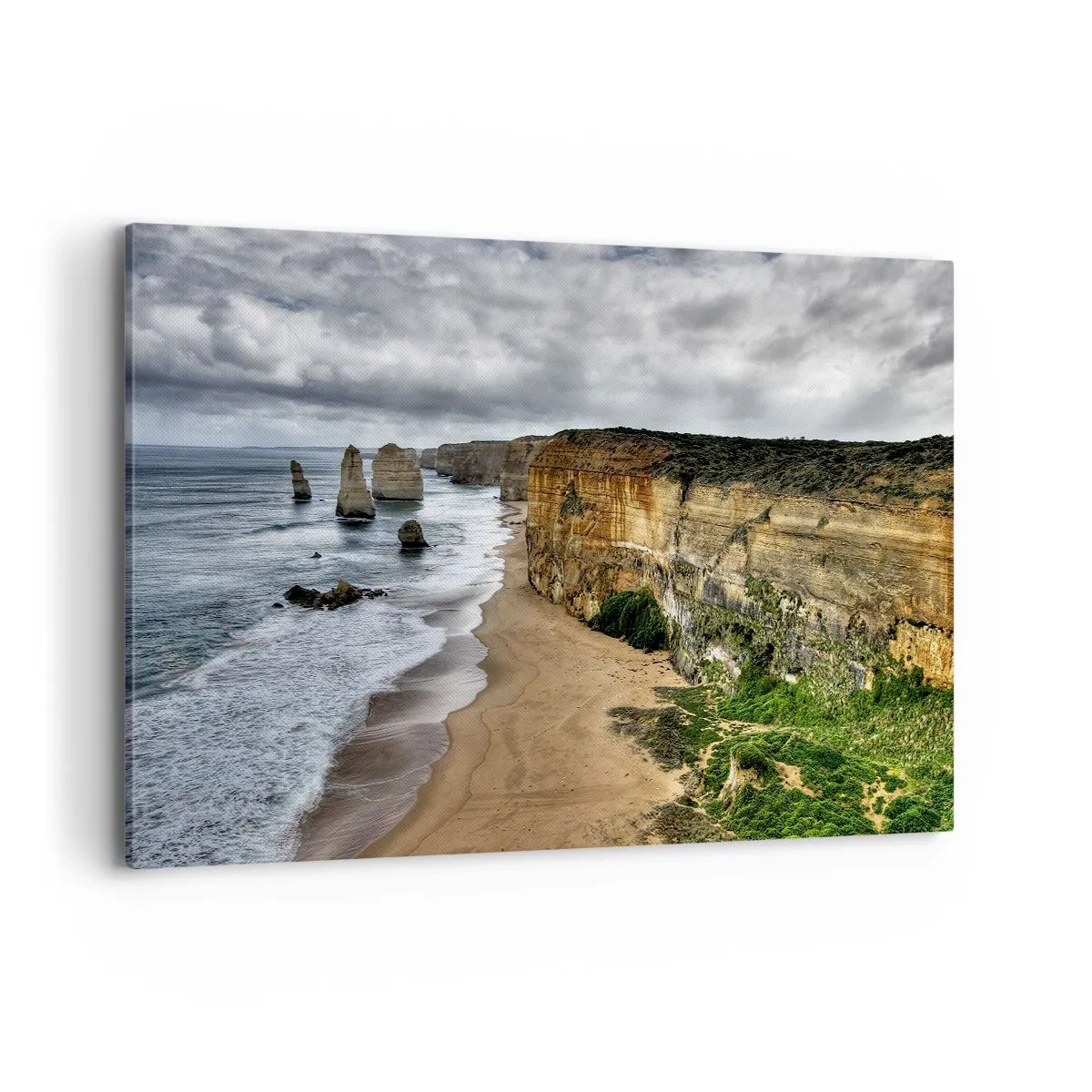 Obraz na płótnie - Klifowe wybrzeże z plażą i skalnymi formacjami - 120x80cm - Surowe piękno - Nowoczesna dekoracja ścienna do salonu, kuchni i sypialni ARTTOR