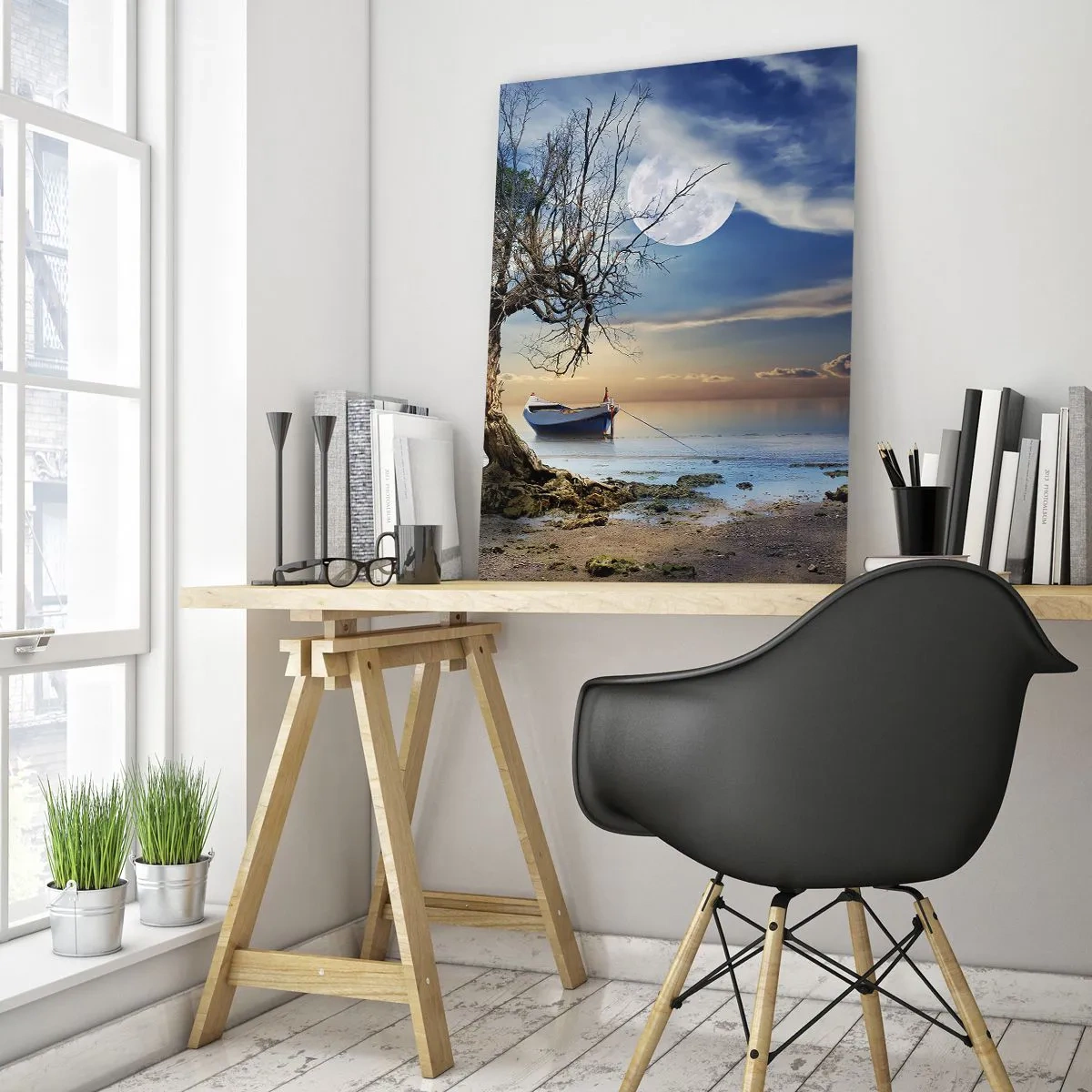 Obraz na szkle - Samotna łódź przy drzewie na tle księżyca - 50x70cm - To koniec czy początek? - Nowoczesna dekoracja ścienna do salonu, kuchni i sypialni ARTTOR