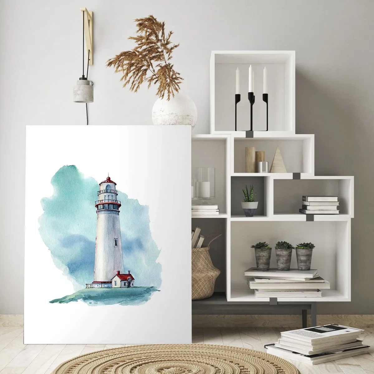 Obraz na szkle - Latarnia morska na tle błękitnego akwarelowego nieba - 50x70cm - Łagodna siostra błękitu - Nowoczesna dekoracja ścienna do salonu, kuchni i sypialni ARTTOR