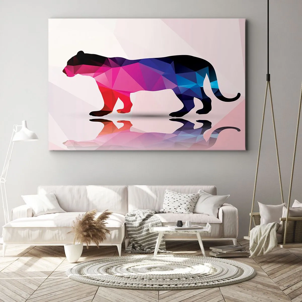 Obraz na płótnie - Geometryczna sylwetka pantery w odcieniach różu i niebieskiego - 70x50cm - Dimentowa pantera - Nowoczesna dekoracja ścienna do salonu i sypialni ARTTOR