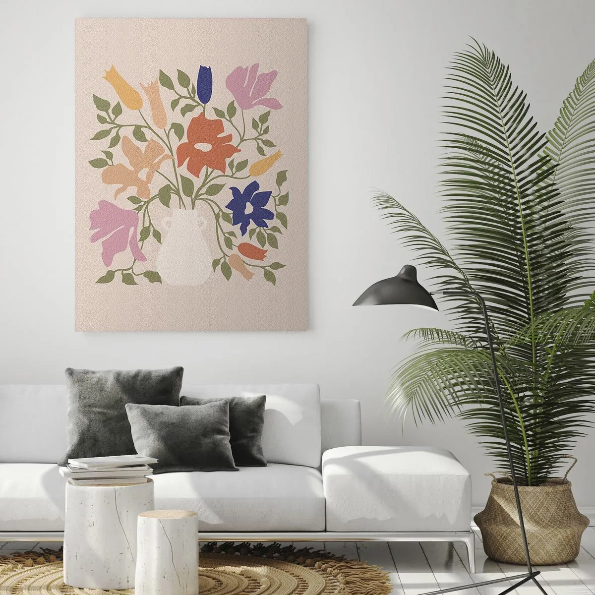 Obraz na szkle - Barwna ilustracja bukietu kwiatów w białym wazonie na beżowym tle - 80x120cm - Bukiet delikatny - Nowoczesna dekoracja ścienna do salonu i sypialni ARTTOR