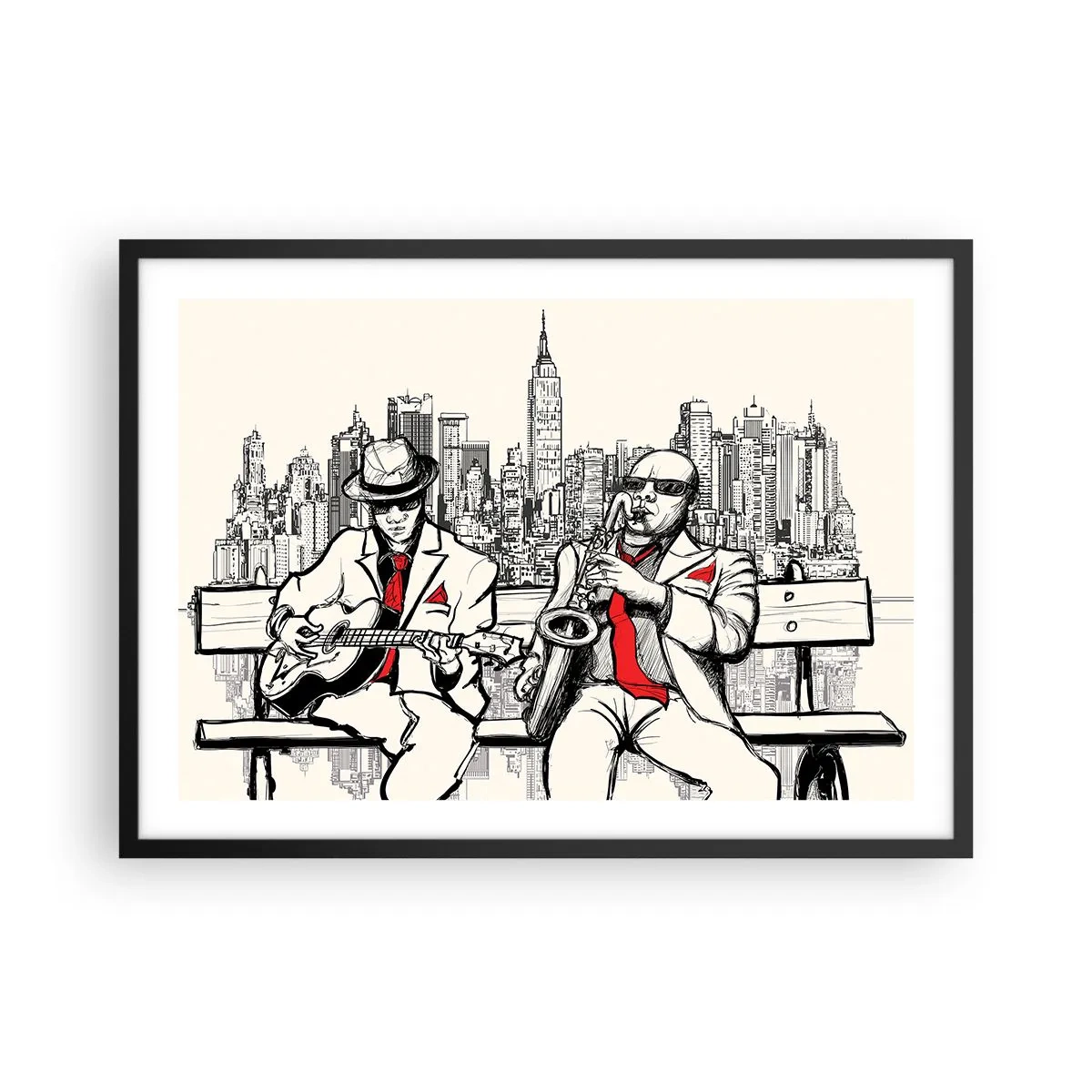 Plakat w czarnej ramie - Jazzowy duet z saksofonem i gitarą na tle miasta - 70x50cm - Nowojorska improwizacja - Nowoczesna dekoracja ścienna do salonu i sypialni ARTTOR