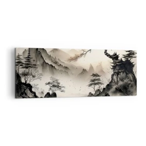 Obraz na płótnie - Orientalny krajobraz z górami i pagodą w delikatnych odcieniach - 140x50cm - Niepowtarzalny urok orientu - Nowoczesna dekoracja ścienna do salonu i sypialni ARTTOR