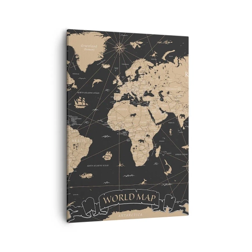 Obraz na płótnie - Stylizowana mapa świata w beżowo-czarnej kolorystyce - 50x70cm - Granice mojego świata - Nowoczesna dekoracja ścienna do salonu, kuchni i sypialni ARTTOR