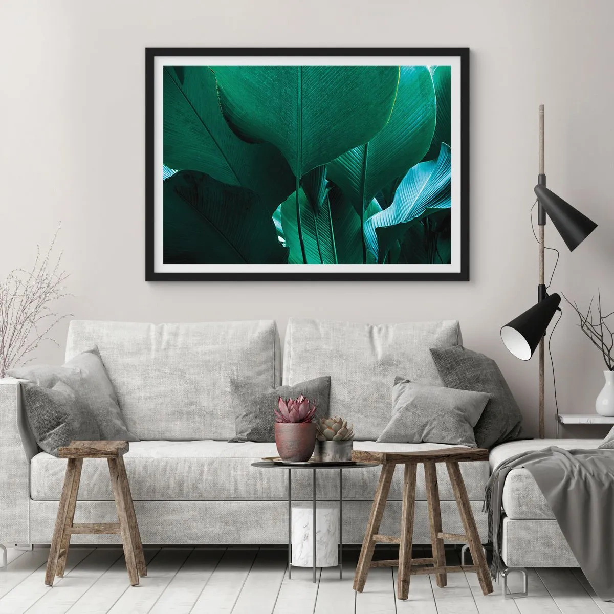 Plakat w czarnej ramie - Zielone liście w minimalistycznej kompozycji - 70x50cm - Zwrócone do światła - Nowoczesna dekoracja ścienna do salonu i sypialni ARTTOR