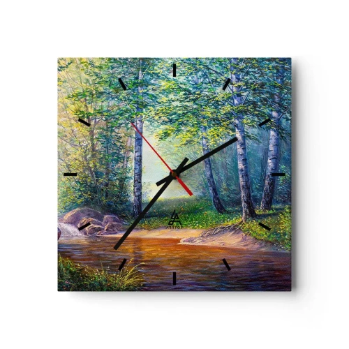 Zegar ścienny - Leśny strumyk otoczony brzozami i słońcem - 30x30cm - Sielankowa sceneria - Nowoczesna dekoracja ścienna do salonu i sypialni ARTTOR