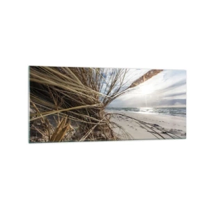 Obraz na szkle - Plaża z suchymi trawami na wydmach i widokiem na morze - 120x50cm - Spotkanie żywiołów - Nowoczesna dekoracja ścienna do salonu i sypialni ARTTOR