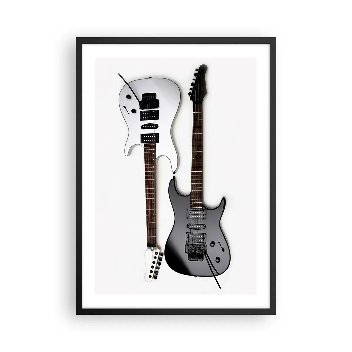 Plakat w czarnej ramie - Nowoczesne gitary elektryczne na białym tle - 50x70cm - Harmonia kształtów - Nowoczesna dekoracja ścienna do salonu i sypialni ARTTOR
