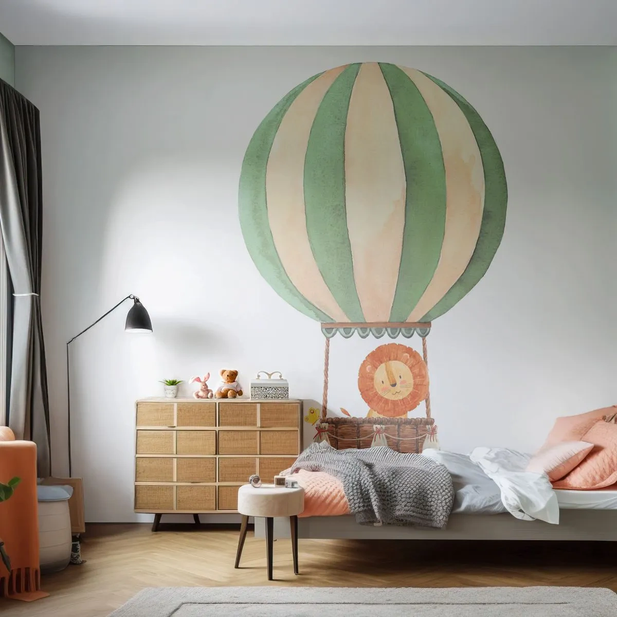 Fototapeta Premium Canvas - Balon z uśmiechniętym lwem w koszu w pastelowych barwach - 100x70cm - Podróże Leona - Nowoczesna dekoracja ścienna do salonu i sypialni ARTTOR