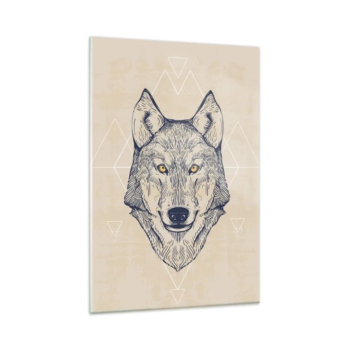 Obraz na szkle - Geometryczny wilk na jasnym tle z minimalistycznymi wzorami - 80x120cm - Alfa o przenikliwym spojrzeniu - Nowoczesna dekoracja ścienna do salonu i sypialni ARTTOR