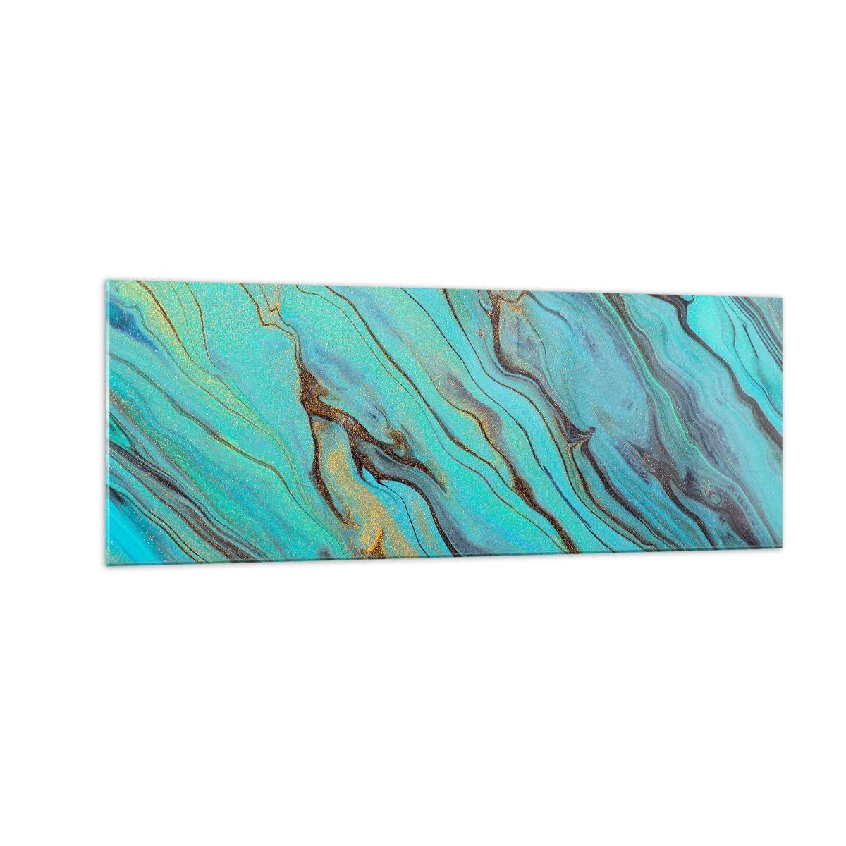 Obraz na szkle - Abstrakcyjne fale w odcieniach turkusu i złota - 140x50cm - Turkusowy przypływ - Nowoczesna dekoracja ścienna do salonu i sypialni ARTTOR