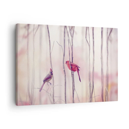 Obraz na płótnie - Para kardynałów na gałęziach w pastelowym krajobrazie - 70x50cm - Opowieść różowego lasu - Nowoczesna dekoracja ścienna do salonu i sypialni ARTTOR