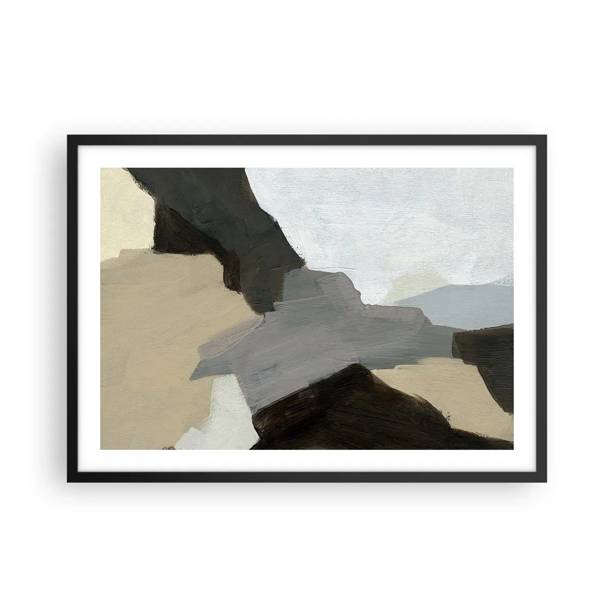 Plakat w czarnej ramie - Abstrakcyjne formy w odcieniach beżu, brązu i szarości - 70x50cm - Abstrakcja: rozstaje szarości - Nowoczesna dekoracja ścienna do salonu i sypialni ARTTOR