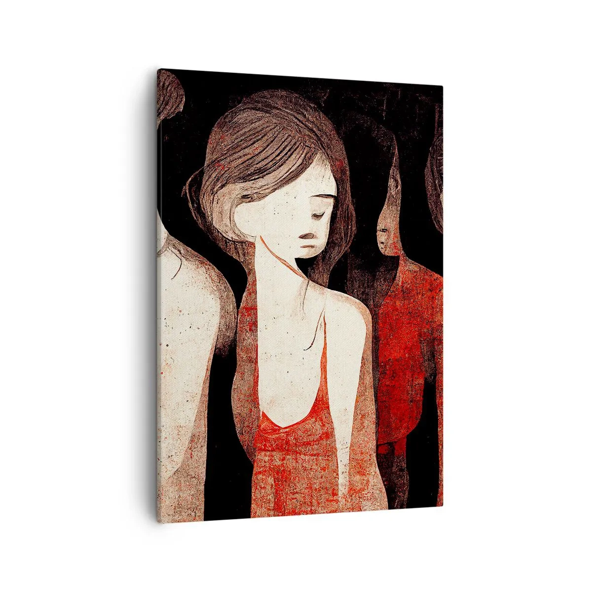 Obraz na płótnie - Ekspresyjna ilustracja melancholijnych postaci w czerwono-czarnej tonacji - 50x70cm - Madonny z ciemności - Nowoczesna dekoracja ścienna do salonu, kuchni i sypialni ARTTOR
