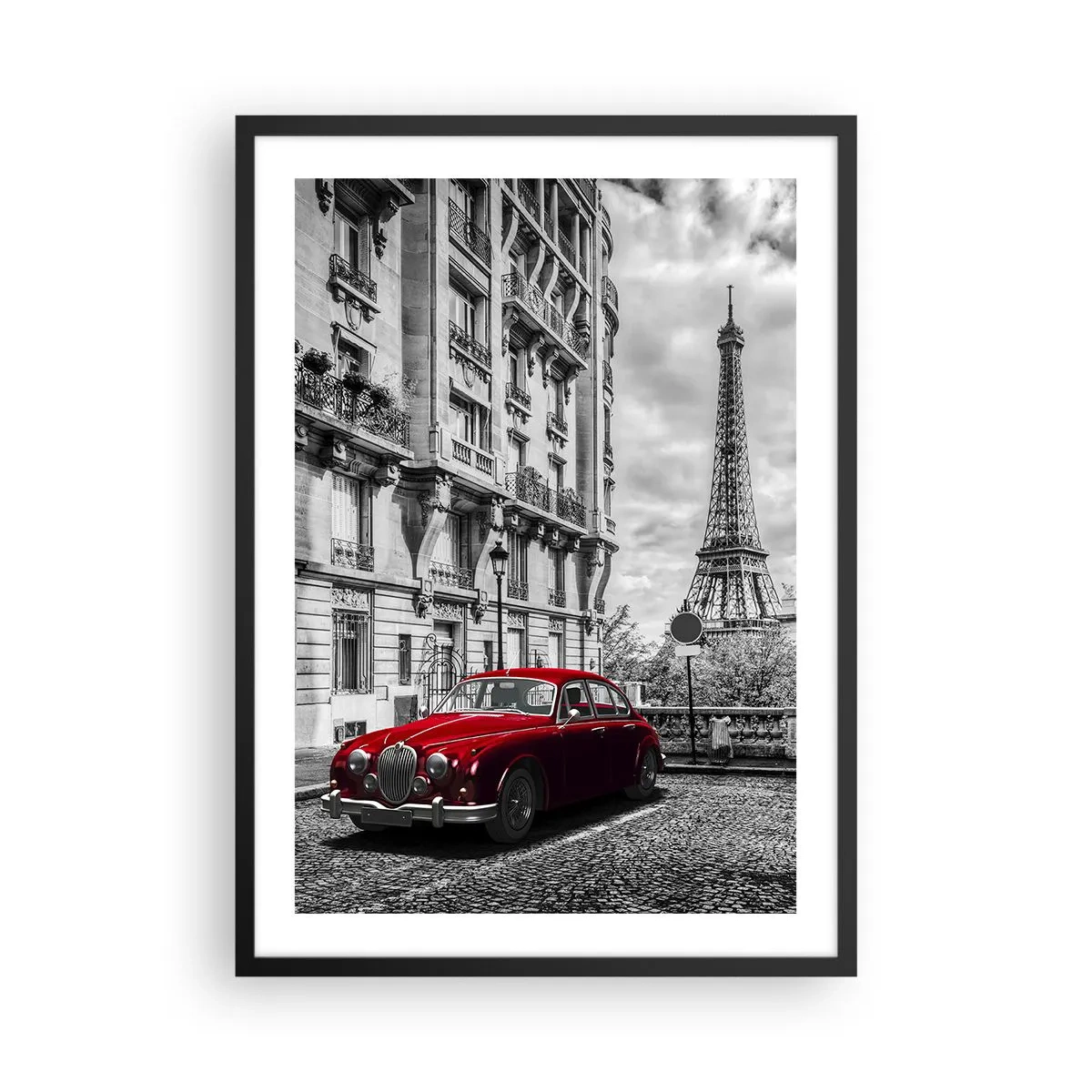 Plakat w czarnej ramie - Czerwony samochód na tle wieży Eiffla - 50x70cm - Drapieżnik w mieście - Nowoczesna dekoracja ścienna do salonu i sypialni ARTTOR