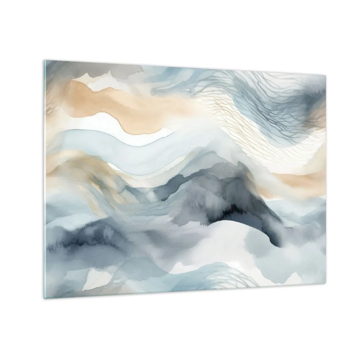Obraz na szkle - Abstrakcyjne fale w odcieniach beżu i błękitu - 70x50cm - Abstrakcja śnieżna i mglista - Nowoczesna dekoracja ścienna do salonu i sypialni ARTTOR