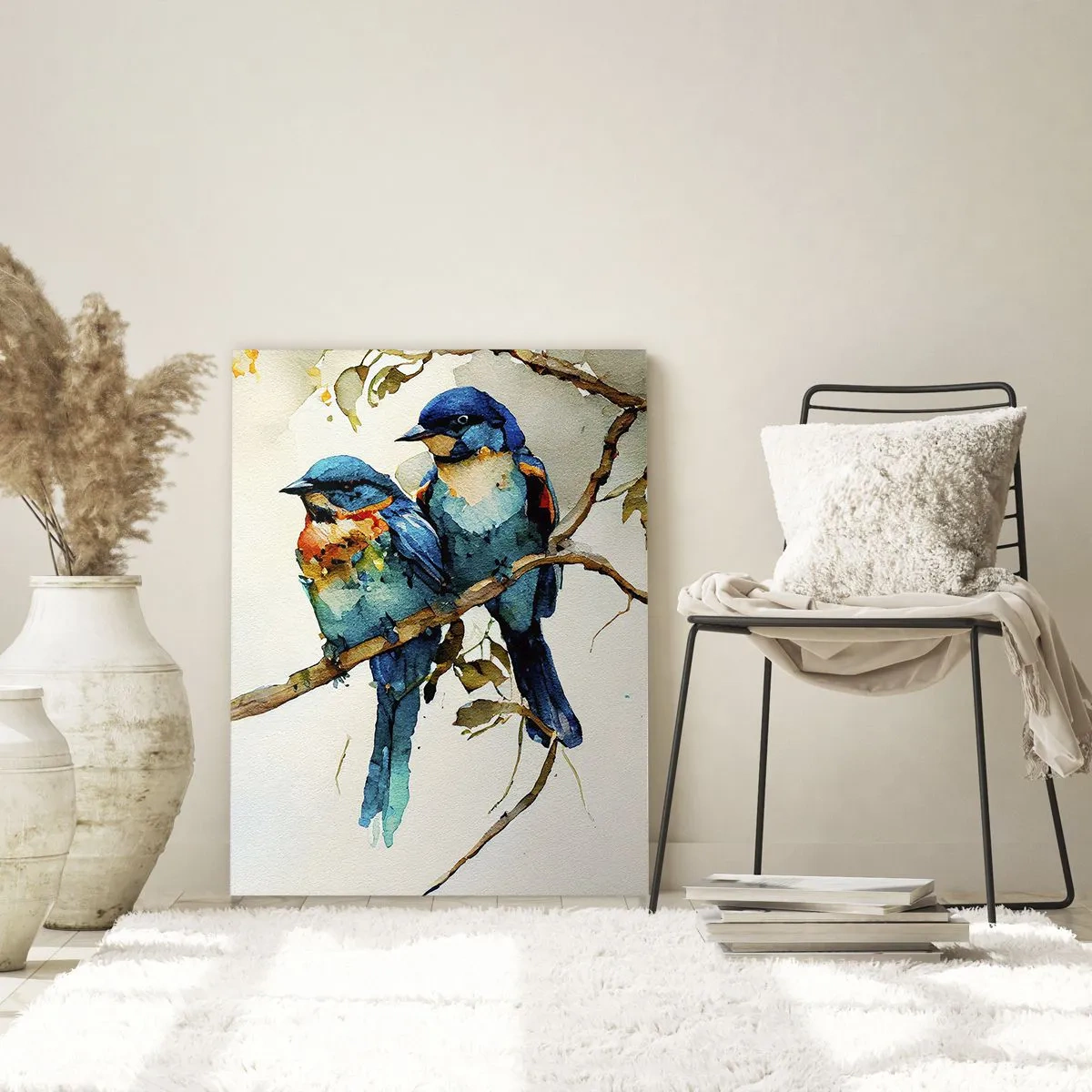 Obraz na szkle - Trzy kolorowe ptaki na gałęzi w akwarelowym stylu - 70x100cm - Obraził się? - Nowoczesna dekoracja ścienna do salonu i sypialni ARTTOR