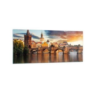 Obraz na szkle - Zabytkowy most nad rzeką w świetle zachodzącego słońca - 120x50cm - Piękna od wieków - Nowoczesna dekoracja ścienna do salonu i sypialni ARTTOR