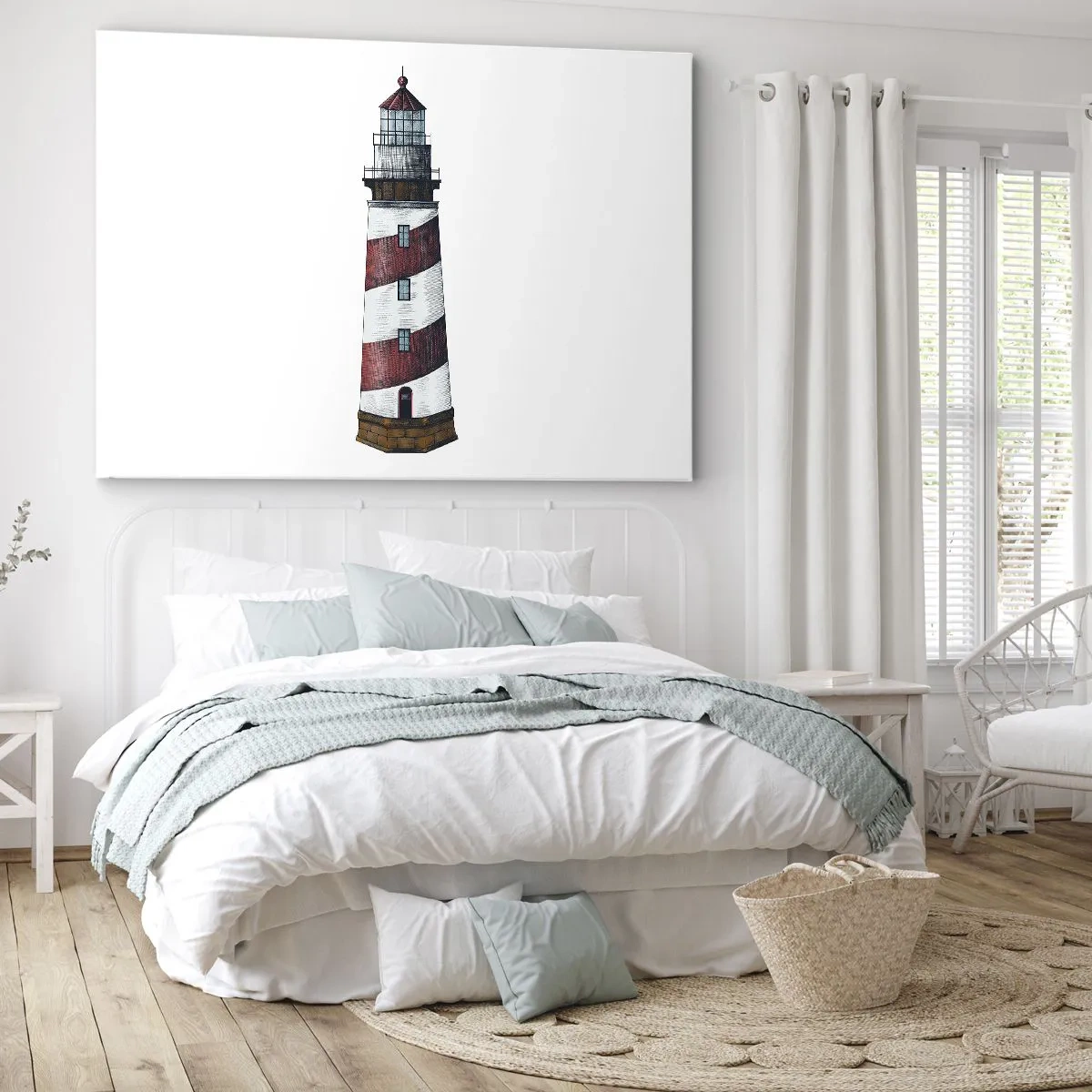 Obraz na płótnie - Rysunkowy obraz latarni morskiej z czerwono-białymi pasami na minimalistycznym tle - 120x80cm - Zawsze na straży - Nowoczesna dekoracja ścienna do salonu, kuchni i sypialni ARTTOR