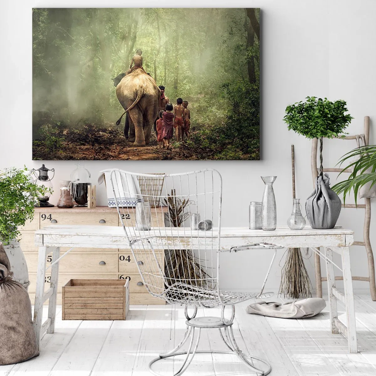 Obraz na płótnie - Dzieci z słoniem w zielonym lesie w świetle poranka - 70x50cm - Nowa Księga Dżungli - Nowoczesna dekoracja ścienna do salonu i sypialni ARTTOR