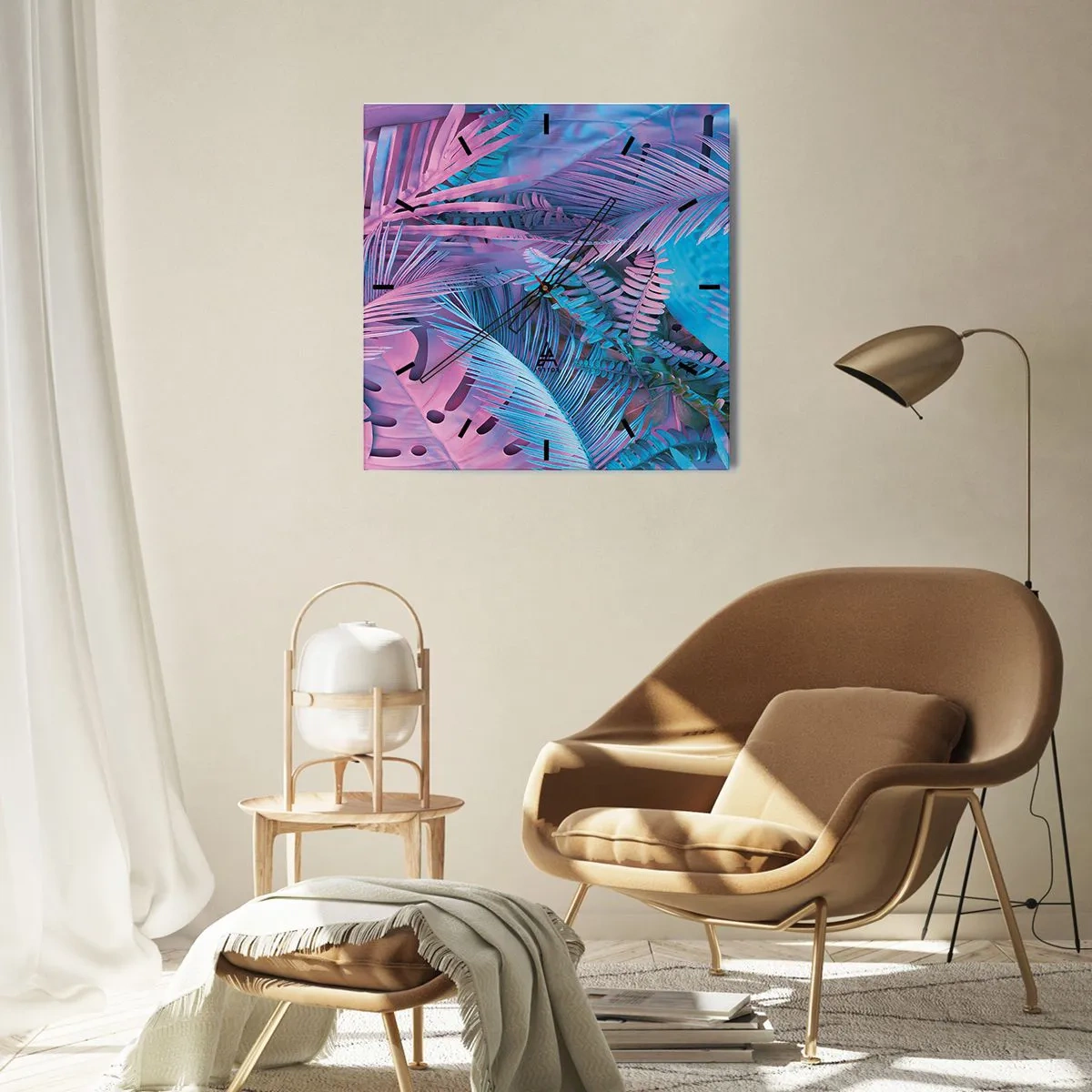 Zegar ścienny - Tropikalne liście w odcieniach różu i błękitu - 30x30cm - Tropiki w różu i błękicie - Nowoczesna dekoracja ścienna do salonu i sypialni ARTTOR