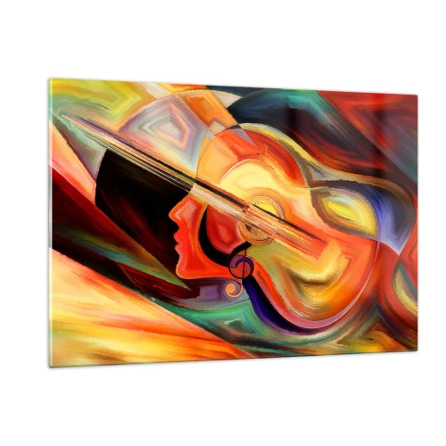 Obraz na szkle - Abstrakcyjny portret z gitarą w tle i nutami - 120x80cm - Wszystko gra - Nowoczesna dekoracja ścienna do salonu, kuchni i sypialni ARTTOR